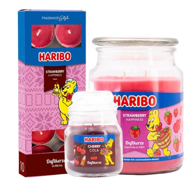 Haribo kaarsen set 3 - 1x groot Aardbei 1x klein Cola 1x theelicht aardbei