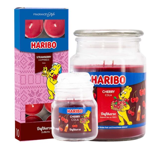 Haribo kaarsen set 3 - 1x groot Cola 1x klein Cola 1x theelicht aardbei